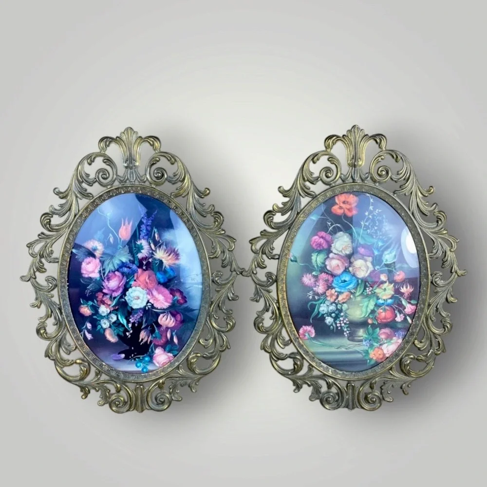 Italian Brass Convex Bubble Glass Floral Frames Ornate Pair 1940s 50s